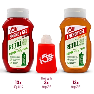 To flasker High5 Energy Gel i smagene "Berry" og "Orange" samt en rød gel-flaske.